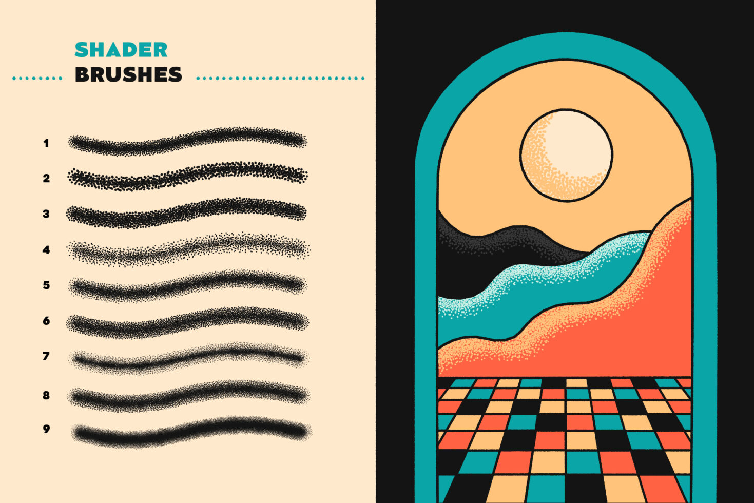 Shader brushes digital asset set featuring 9 textured brush strokes and a colorful abstract landscape illustration perfect for graphics and design templates.