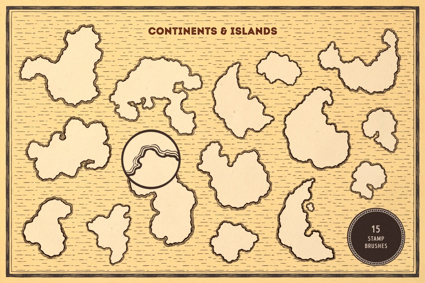 Vintage map elements with 15 continent and island stamp brushes for digital design projects. Perfect for creative graphics templates. Retro style design.