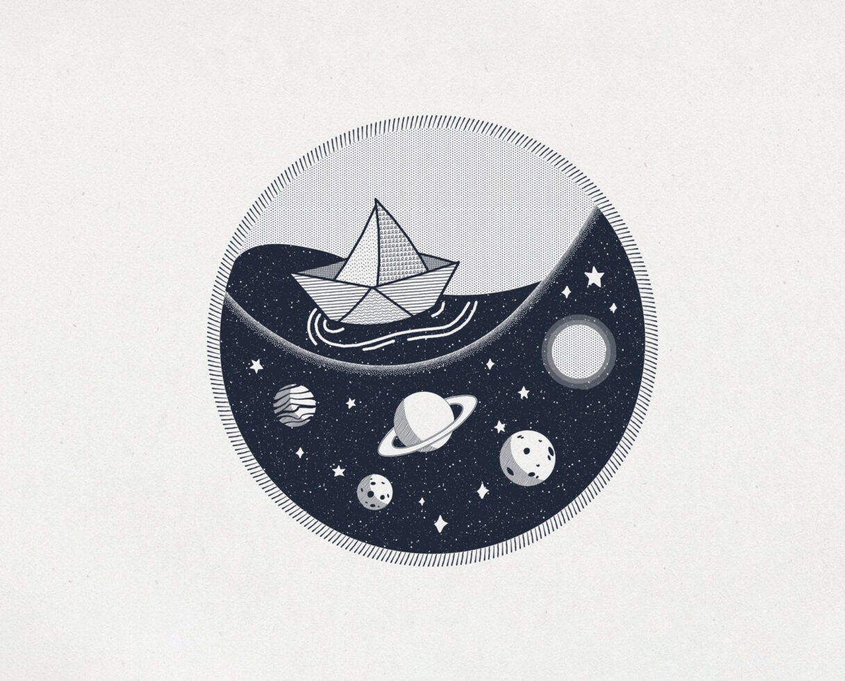 Illustration of a paper boat floating on cosmic waves with planets and stars. Ideal for graphic designers. Keywords: cosmic illustration, space, design asset.