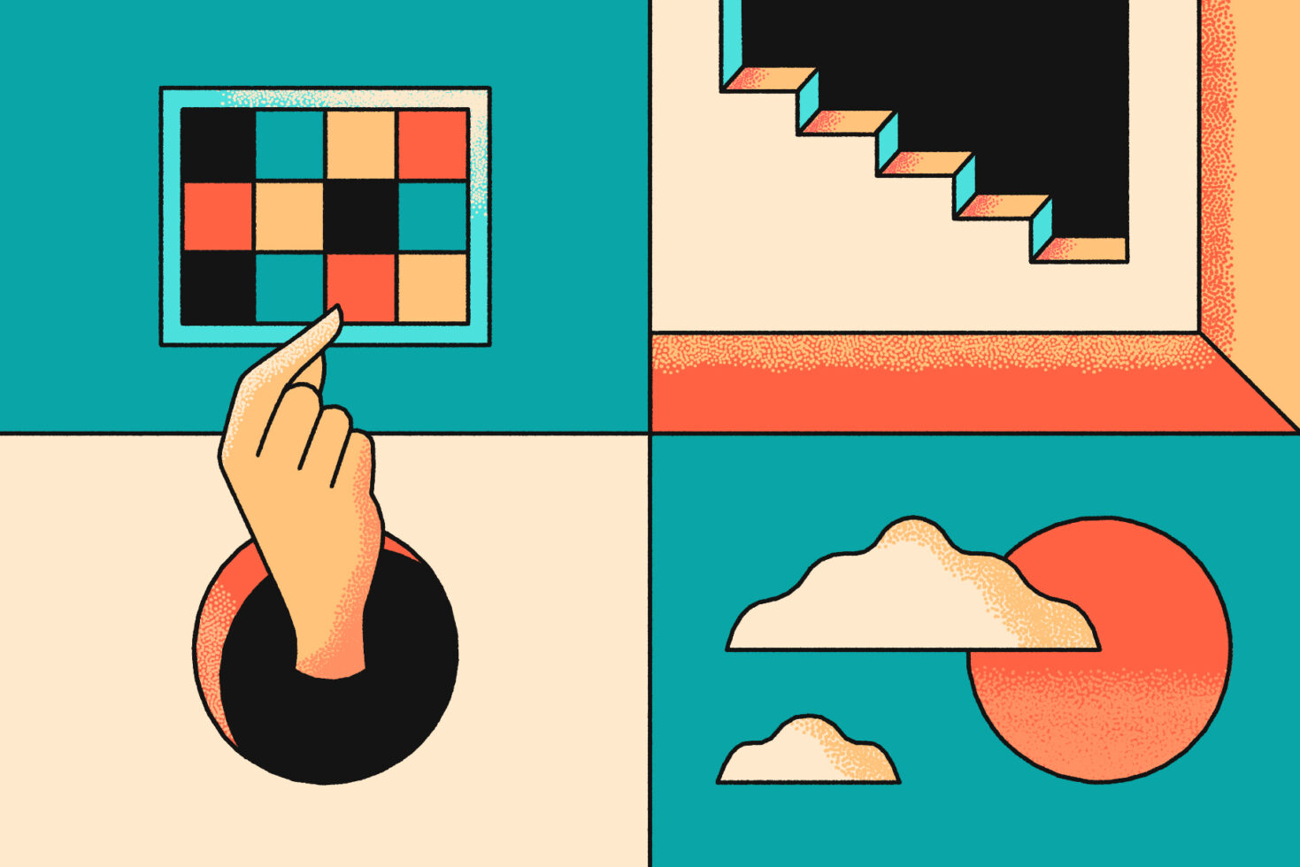 Abstract geometric illustration featuring a hand touching a colorful grid modern stairway and clouds over a sunset ideal for creative design projects.
