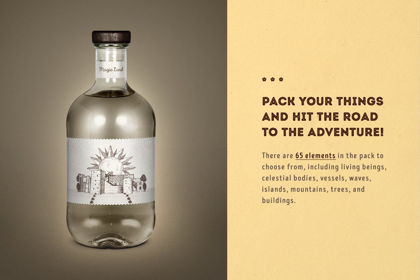 Mockup image of a bottle with a castle illustration label on a gradient background; text promotes 65 elements pack. Keywords: design, packaging, mockup.