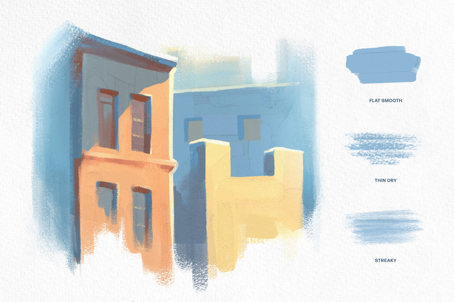 Digital painting of urban buildings with a palette of flat smooth and streaky textures ideal for design mockups graphics and art templates for designers.