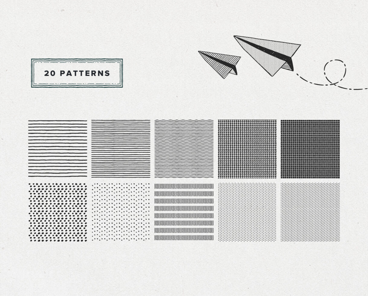 A collection of 20 seamless vector patterns with minimalistic designs including dots, lines, and waves for graphic designers looking for versatile templates.