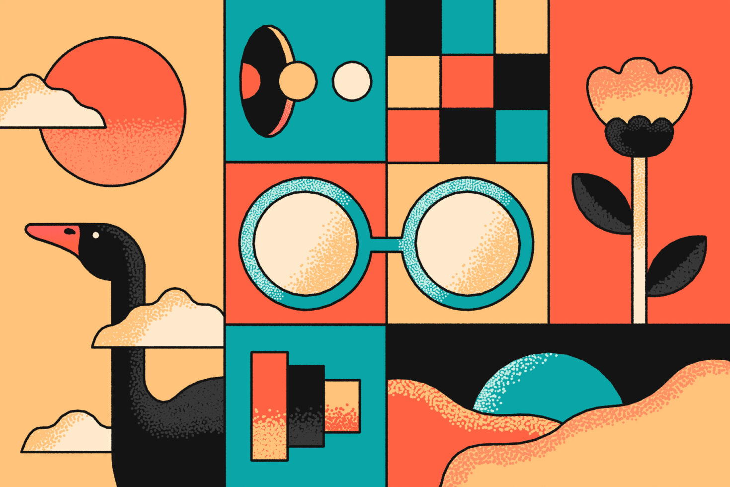 Abstract geometric illustration featuring vibrant colors and bold shapes including a bird sun flower and glasses; ideal for graphic design projects.