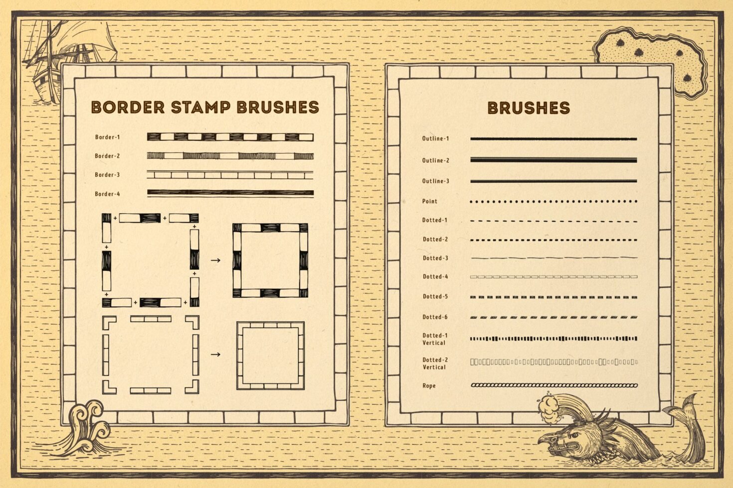 Vintage stamp border brushes on textured paper. Includes outlines, dotted lines, and decorative elements. Ideal for graphic design templates and mockups.