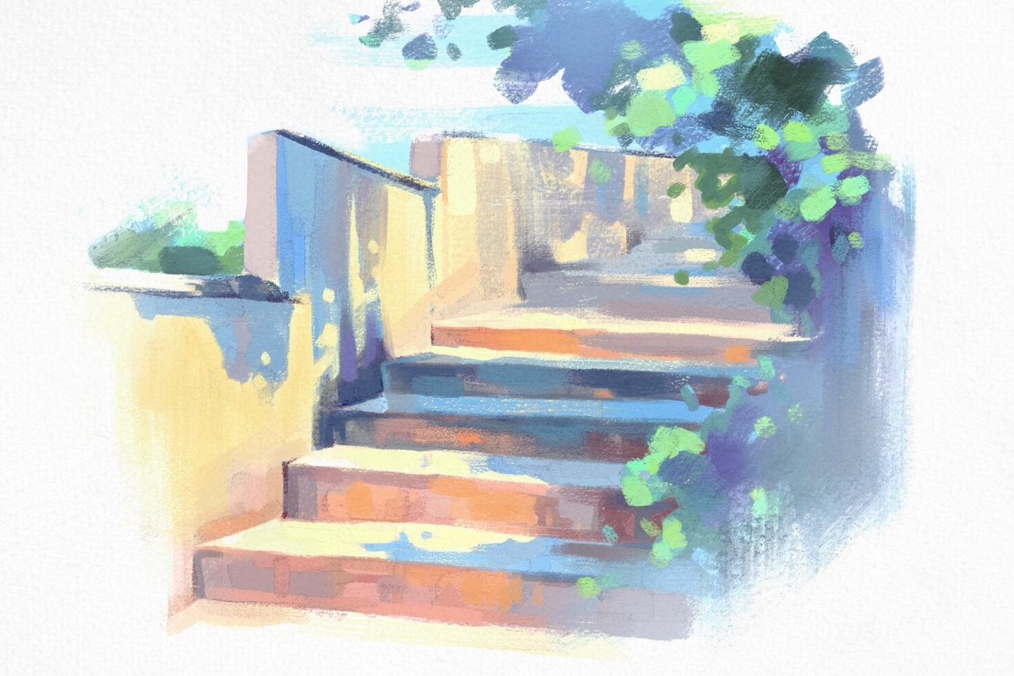 Digital watercolor illustration of sunlit stairs with foliage. Perfect for graphic design projects and templates. Nature inspired art for designers.