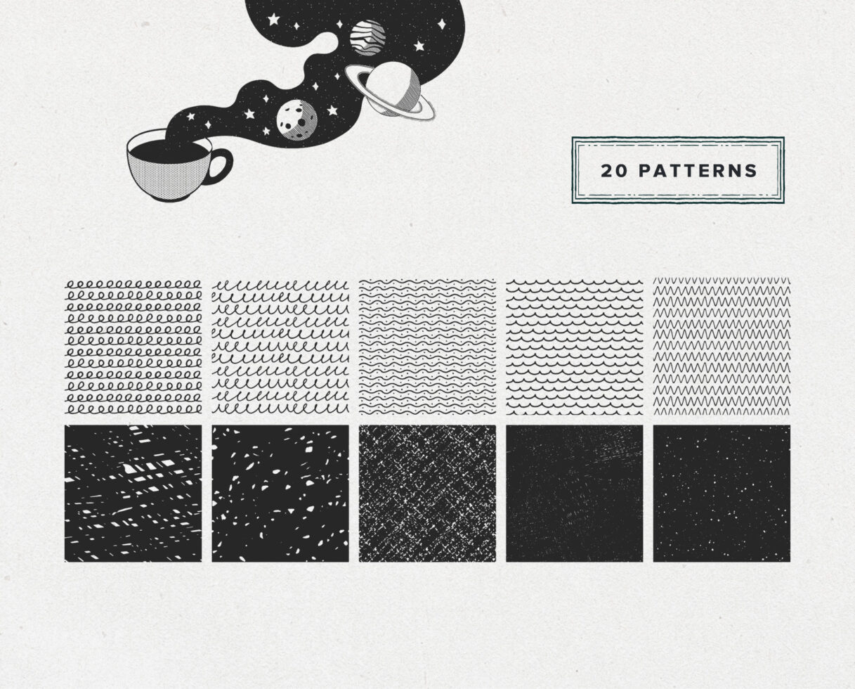 Set of 20 abstract patterns for designers featuring cosmic theme with coffee cup elements and textures. Ideal for digital graphic templates and mockups.