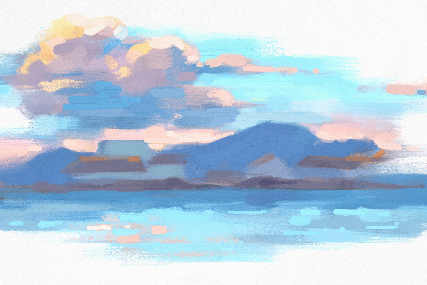 Digital watercolor seascape with vibrant skies in pastel shades. Ideal for designers seeking abstract art graphics. Use for backgrounds or templates.