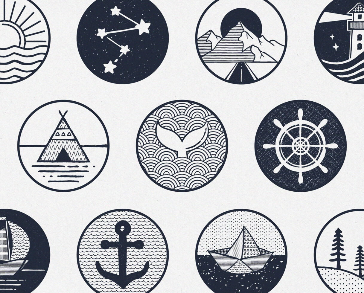 Set of minimal line art icons featuring nature and nautical themes in circular frames. Suitable for graphic and template design. Keywords: icons, graphic template.