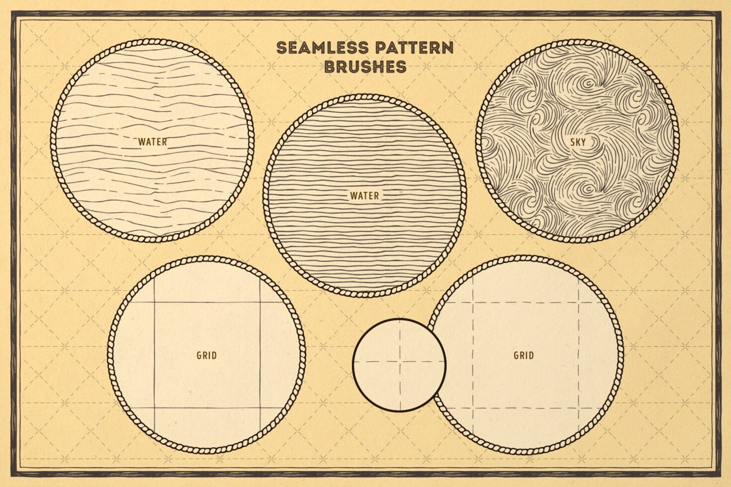 Seamless pattern brushes set in vintage style with water lines and grid layouts ideal for designers creating textures for graphics and templates.