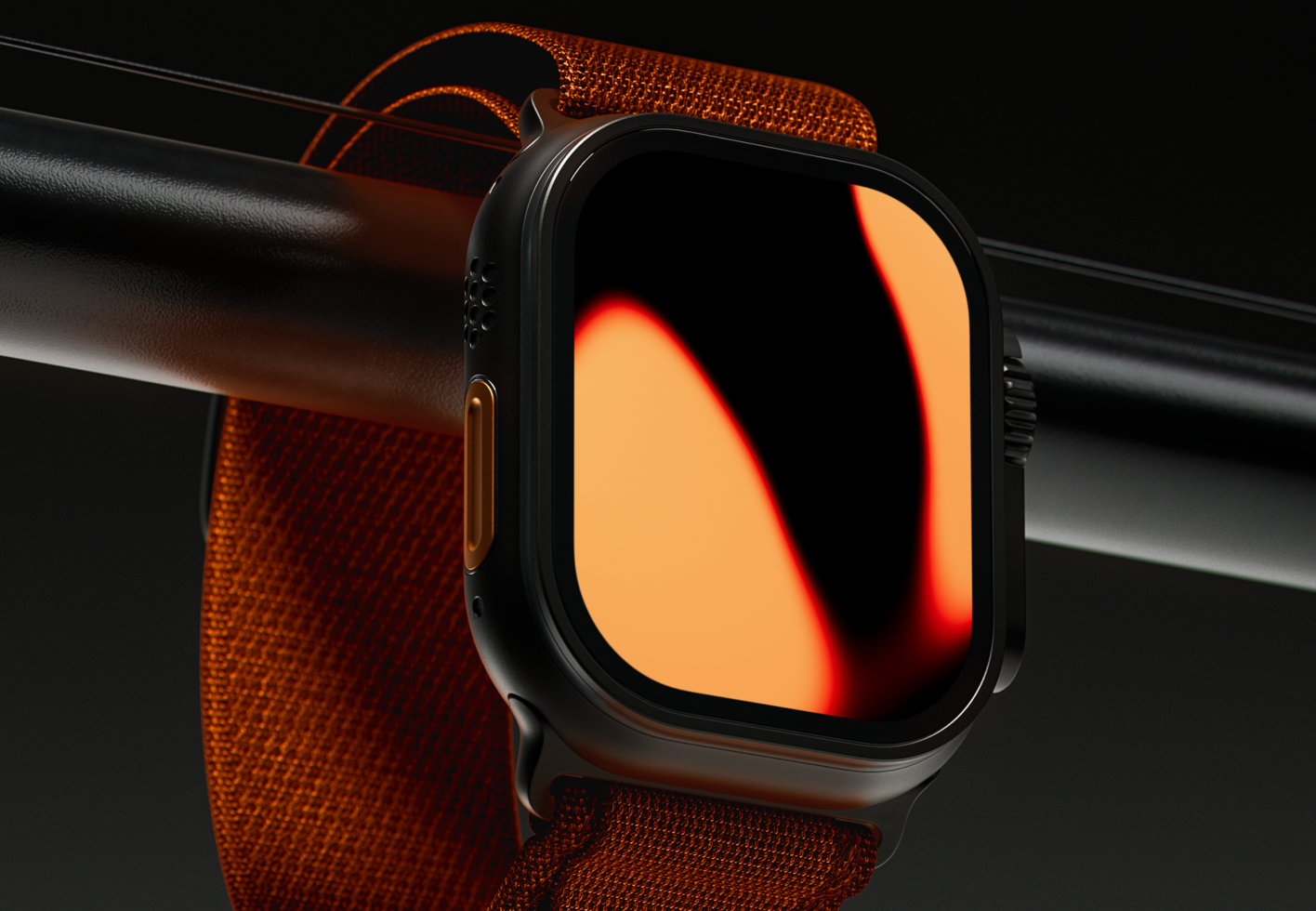 Smartwatch mockup with orange band on dark background for designers. High-resolution digital asset suitable for presentations and design projects.