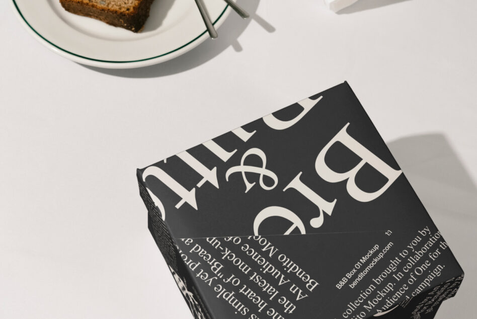 Dark bread butter box mockup tilted showing typography with cake plate above
