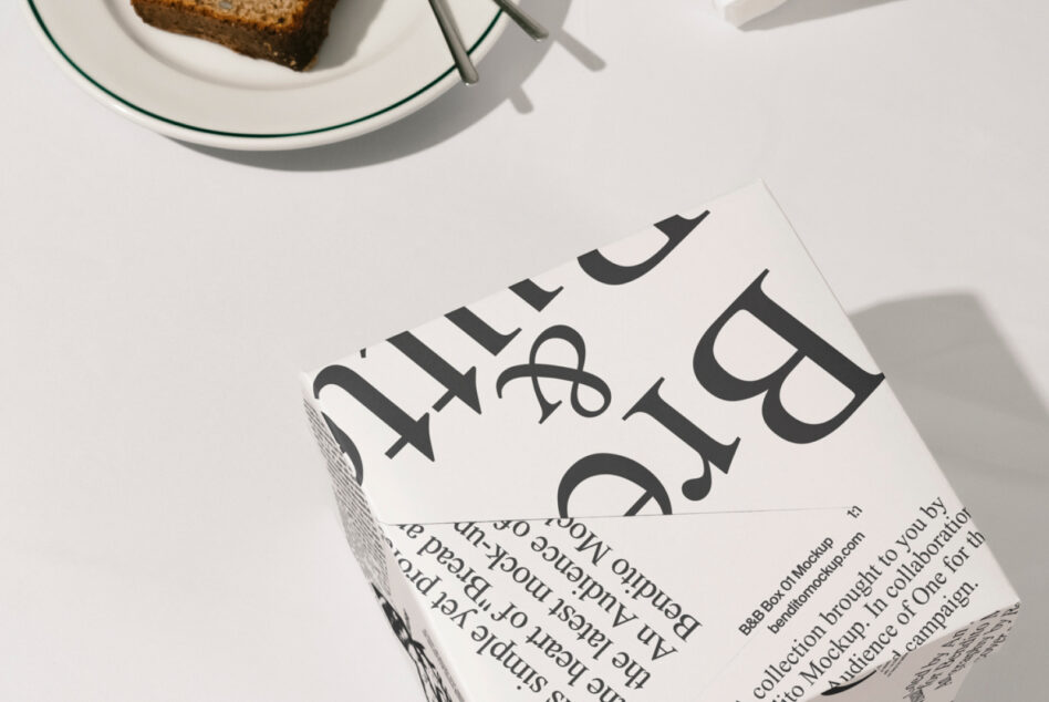 White bread butter box mockup tilted showing typography with cake plate above