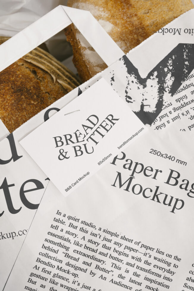 Paper bag mockup featuring Bread and Butter design, perfect for branding and product presentations. Ideal for graphic designers and packaging projects.