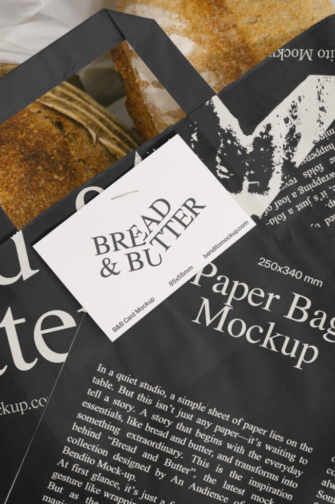 Close-up of a stylish paper bag and business card mockup featuring bread. Ideal for graphic designers seeking modern branding templates and packaging design.