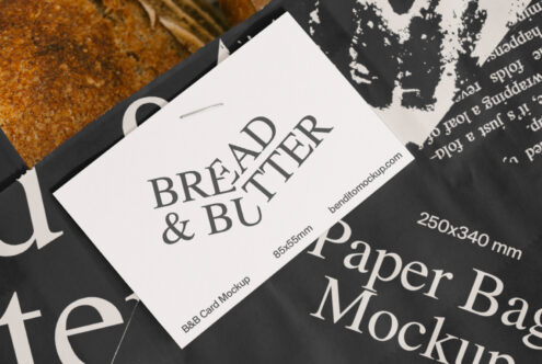 Card mockup displaying Bread & Butter design on textured paper next to a paper bag. Ideal for showcasing branding templates. Design asset for designers.