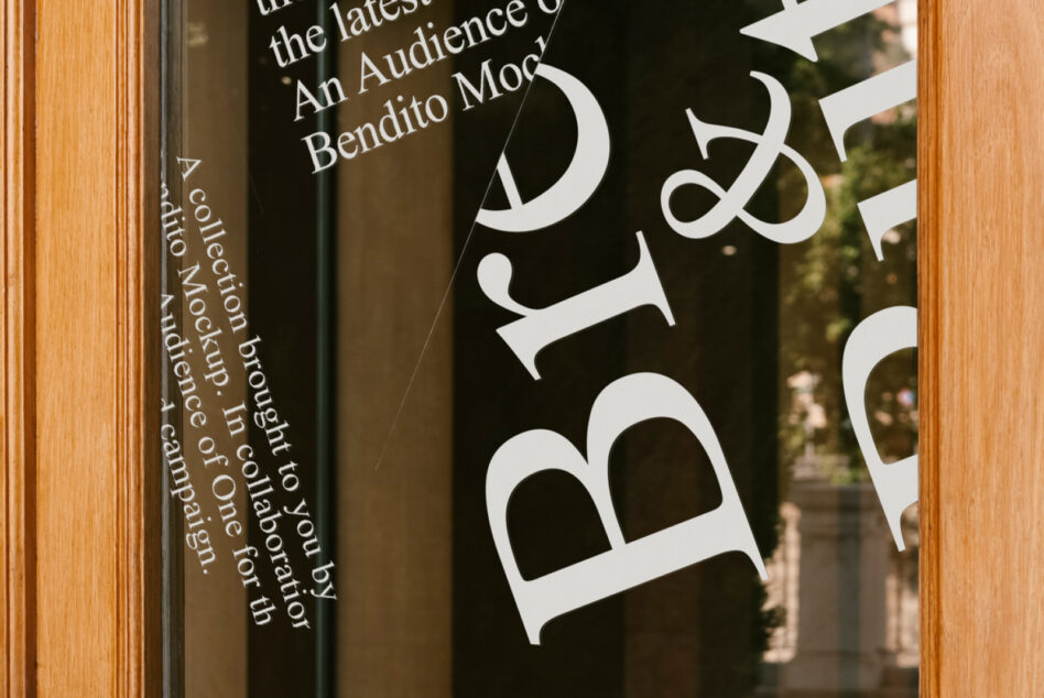 Stylish serif typography displayed on a glass window reflecting urban scenery ideal for graphic designers seeking elegant font mockups and visual inspiration