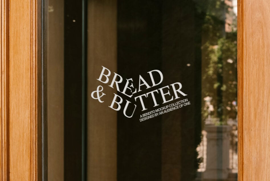 Glass window mockup showcasing bold typography with Bread and Butter text. Ideal for designers seeking stylish branding, signage, or storefront designs.