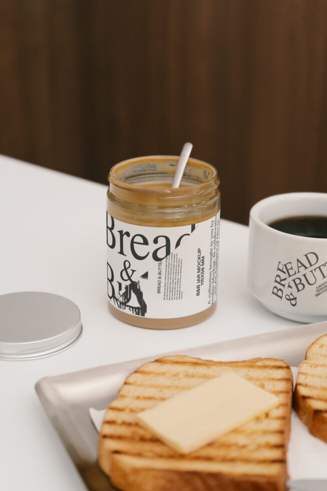 Bread and butter jar packaging mockup featuring a glass jar with a modern label design. Ideal for designers, branding, templates, and product presentation.