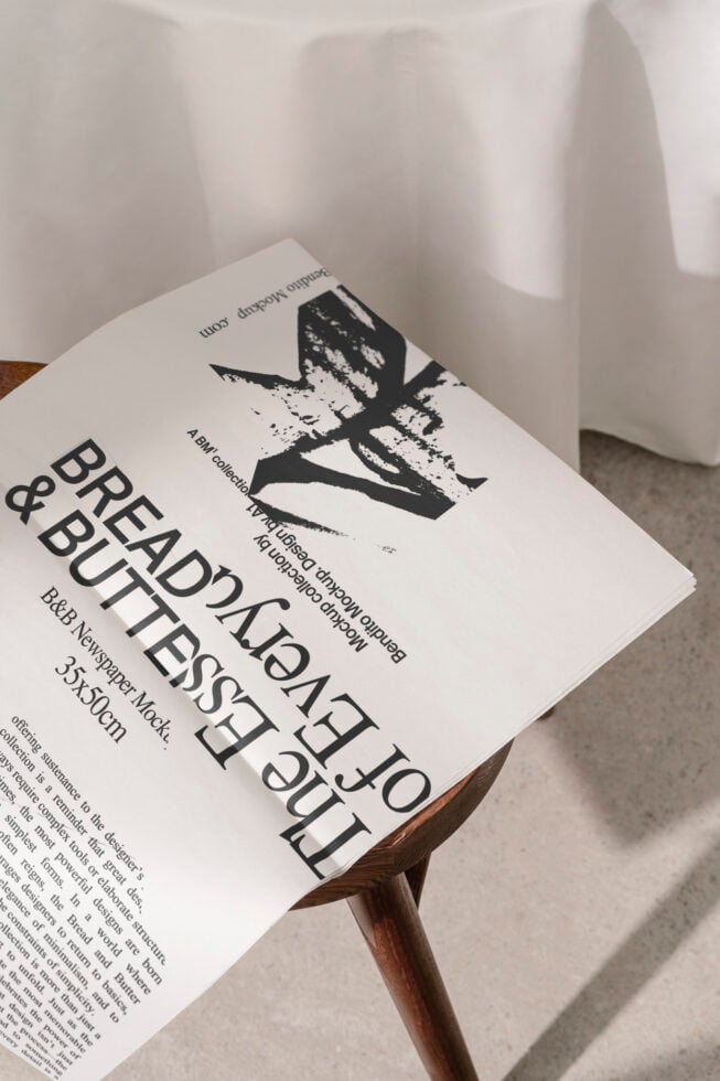 Mockup of a newspaper on a wooden chair with minimalist design natural lighting and shadows. Keywords: mockup newspaper design minimalist wooden chair.