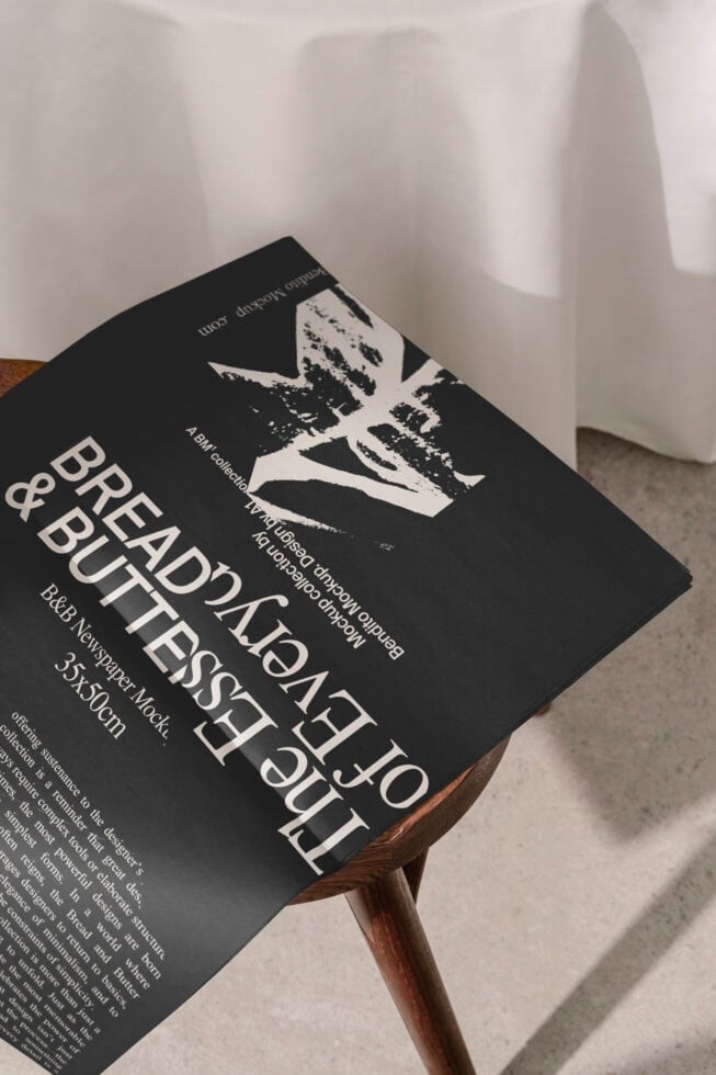 Newspaper mockup on wooden stool with bold typography design for artists. Perfect for showcasing print layouts and creative projects in graphic design.