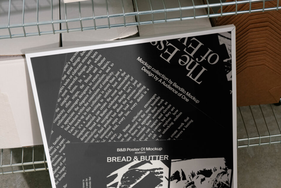 Poster mockup displayed on a metal shelf showcasing Bread and Butter design with text elements. Ideal for designers looking for unique graphic templates.