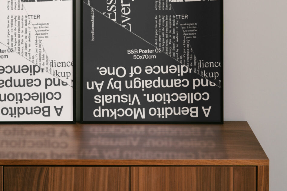 Close up of dark B&B Poster 02 50x70cm showing diagonal typography overlay on image