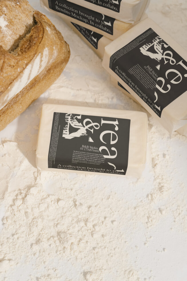 Bread packaging mockup on floury surface suitable for designers highlighting rustic bread branding key in branding mockups perfect for graphic projects