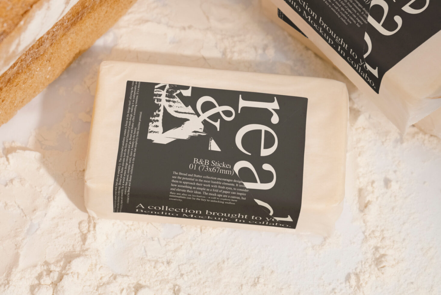 Paper packaging mockup on flour-dusted surface with rustic bread. Ideal for designers focused on branding, packaging, and product displays.