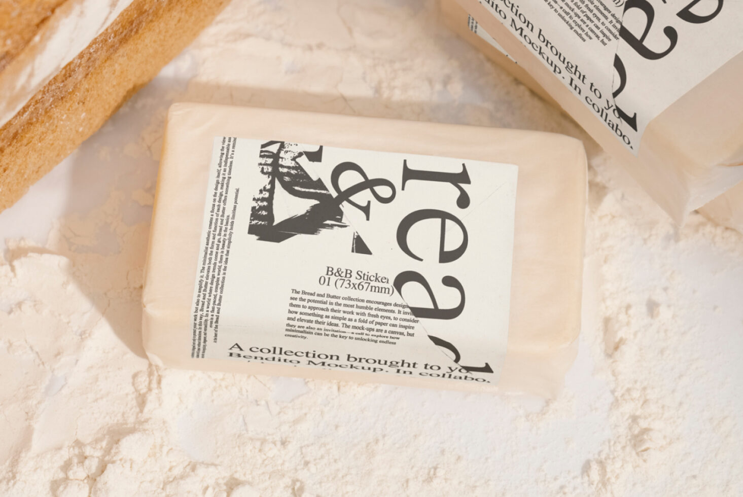 Packaging mockup featuring printed typography stickers on a flour backdrop perfect for designers seeking bakery-themed design assets and branding templates.