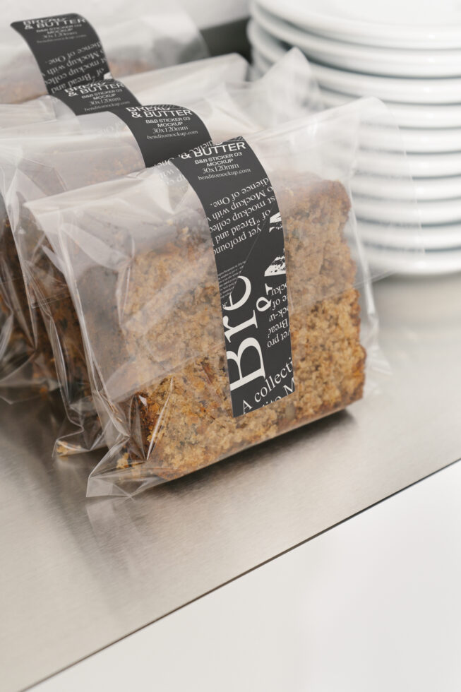 Packaged bread slice mockup with modern black and white design labels on a stainless steel surface. Perfect for product display, branding, and design.