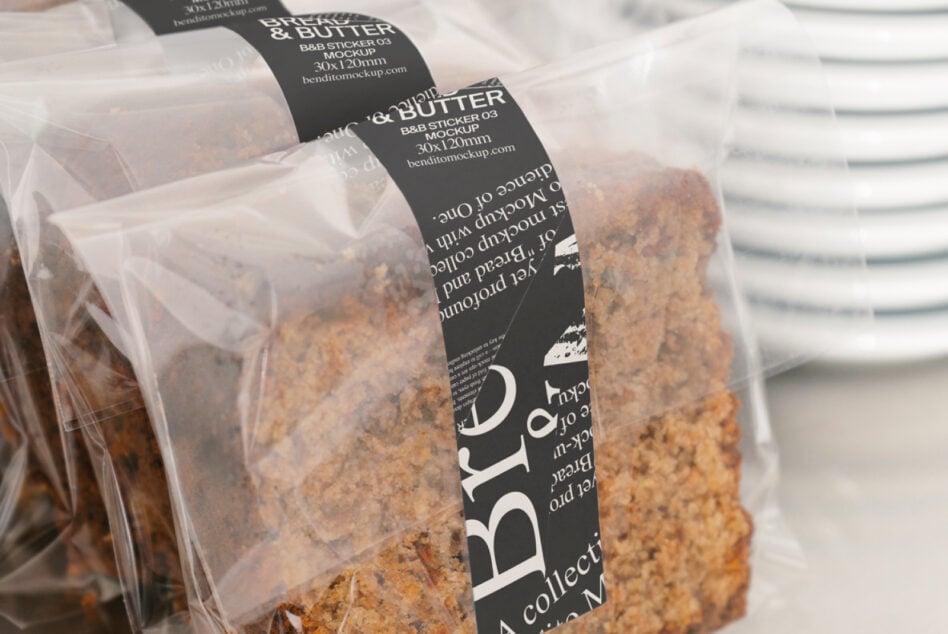 Close-up of black sticker label on clear plastic package with Bread Butter text
