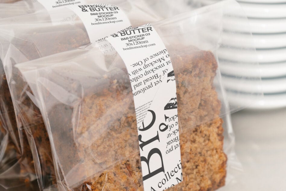 Close-up of white sticker label on clear plastic package with Bread Butter text
