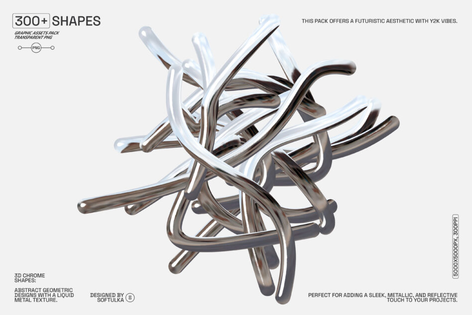 3D chrome abstract shapes with Y2K aesthetic. Perfect for adding futuristic metal textures to graphic design projects. Ideal for designers. PNG assets.