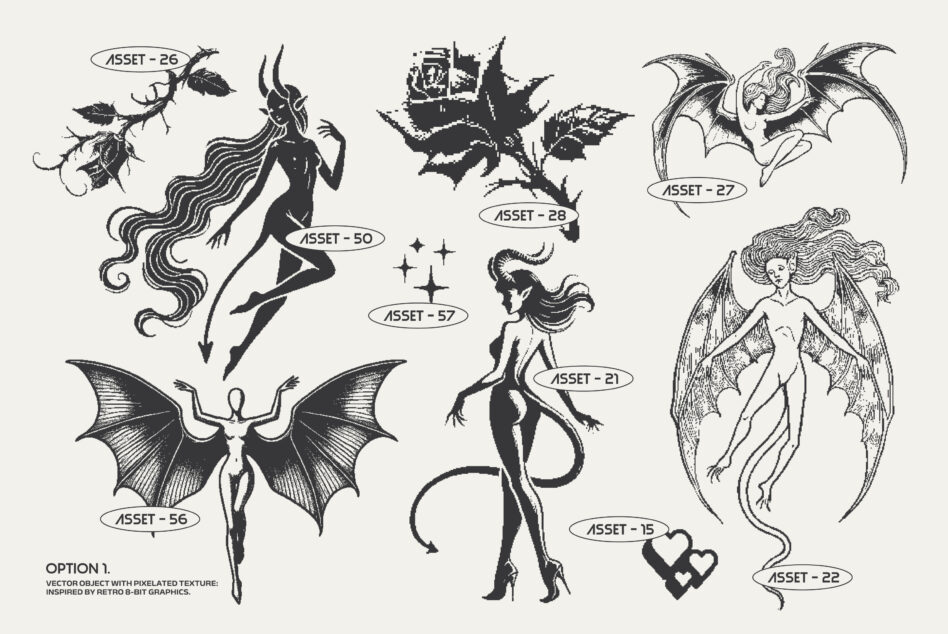Dark feminine figures with wings, horns, demon tails, botanical elements