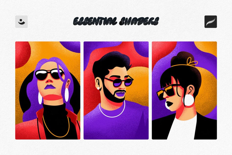 Three portrait illustrations of stylish people wearing sunglasses vibrant colors