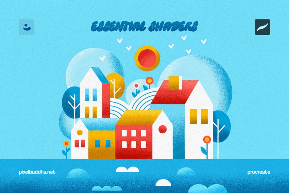 Colorful neighborhood scene with red, yellow, white houses against blue sky