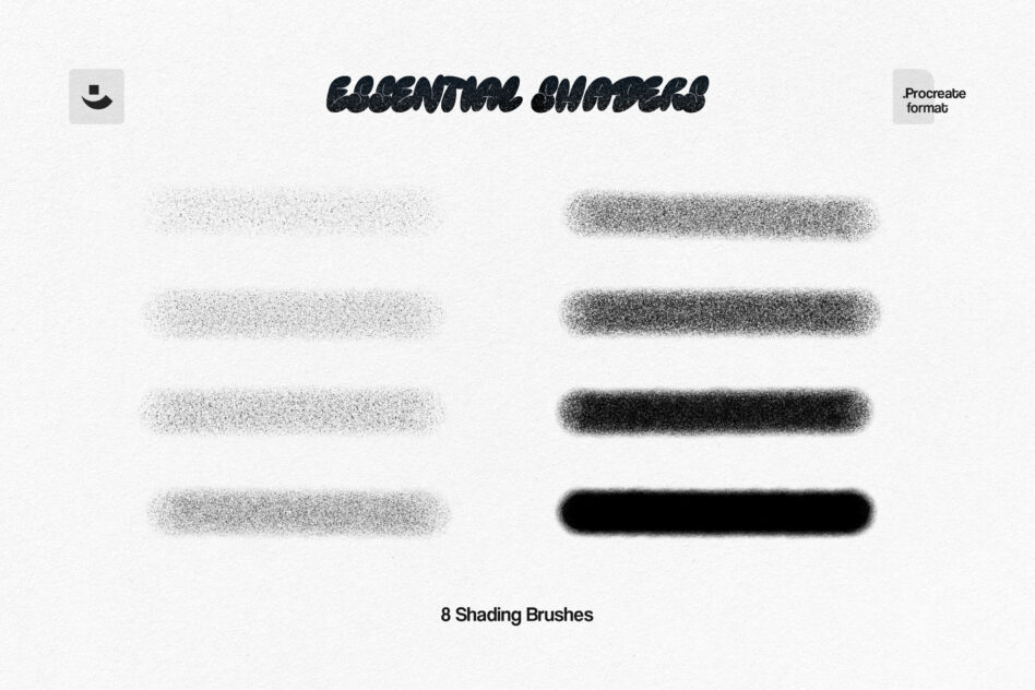 Eight grayscale shading brushes ranging from light stipple to solid black