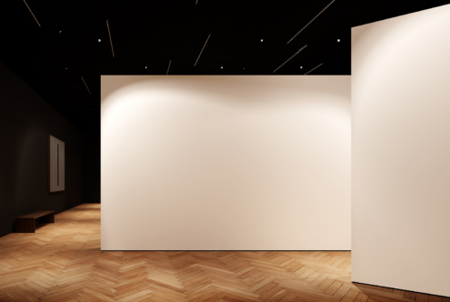 Minimalist interior gallery mockup with blank white walls, wooden herringbone floor and dark ceiling ideal for showcasing designs or artwork presentations.