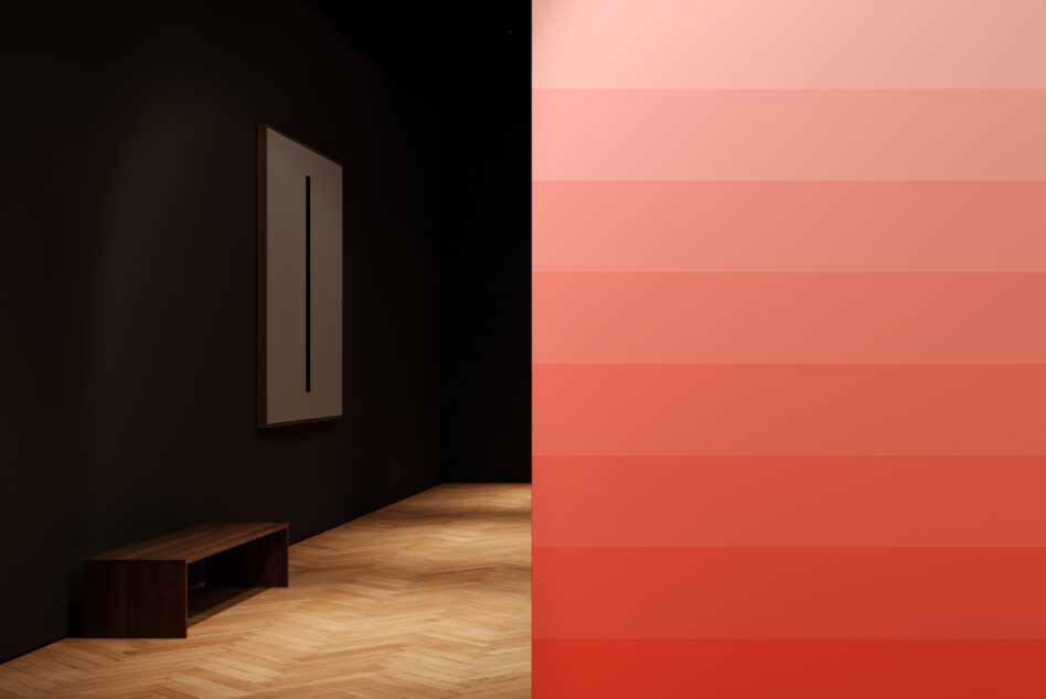 Modern gallery interior with minimalist artwork on dark wall, wooden bench and gradient red wall; perfect for design mockups and templates.