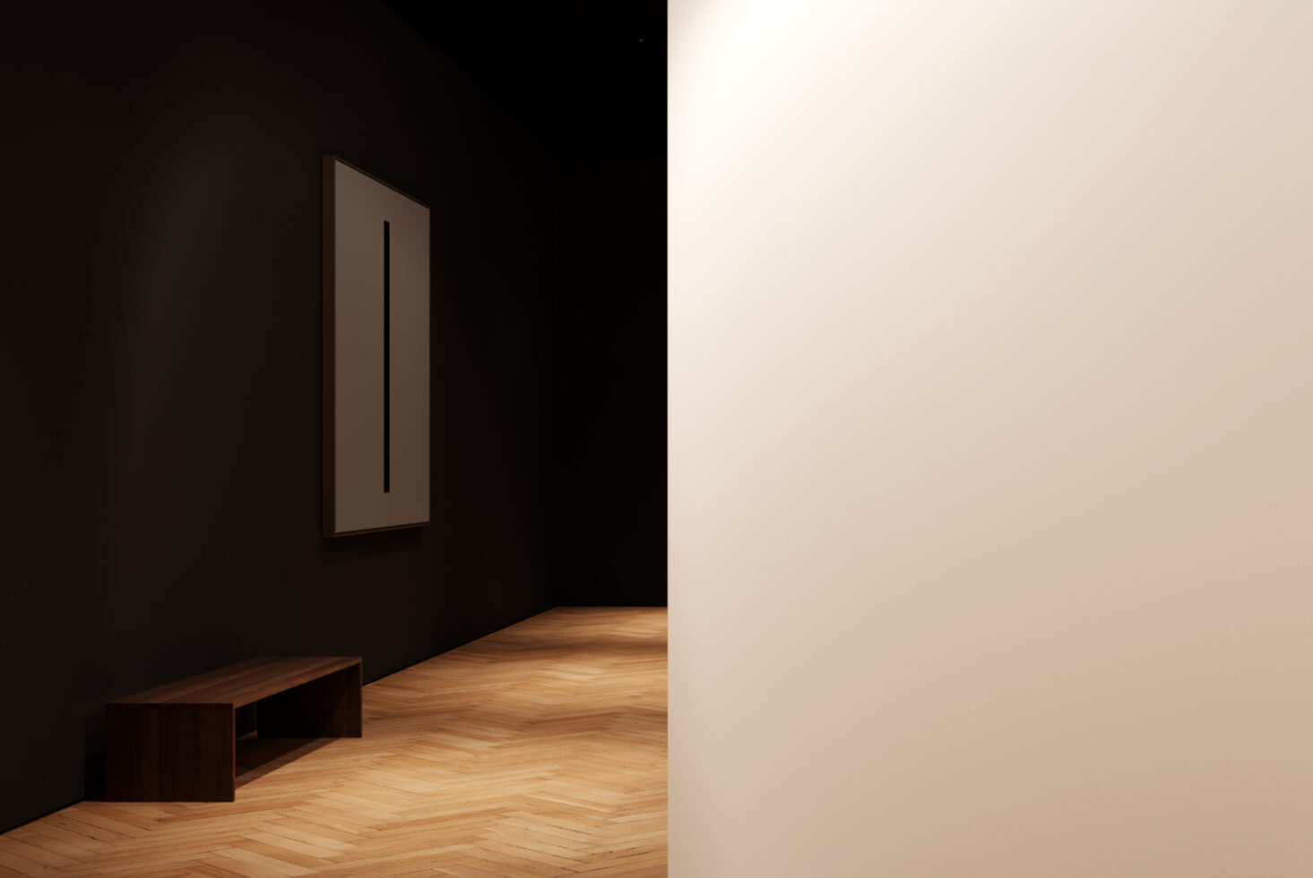 Minimalist gallery interior with a wooden bench and modern artwork on a dark wall perfect for mockups or graphics highlighting elegant design spaces.