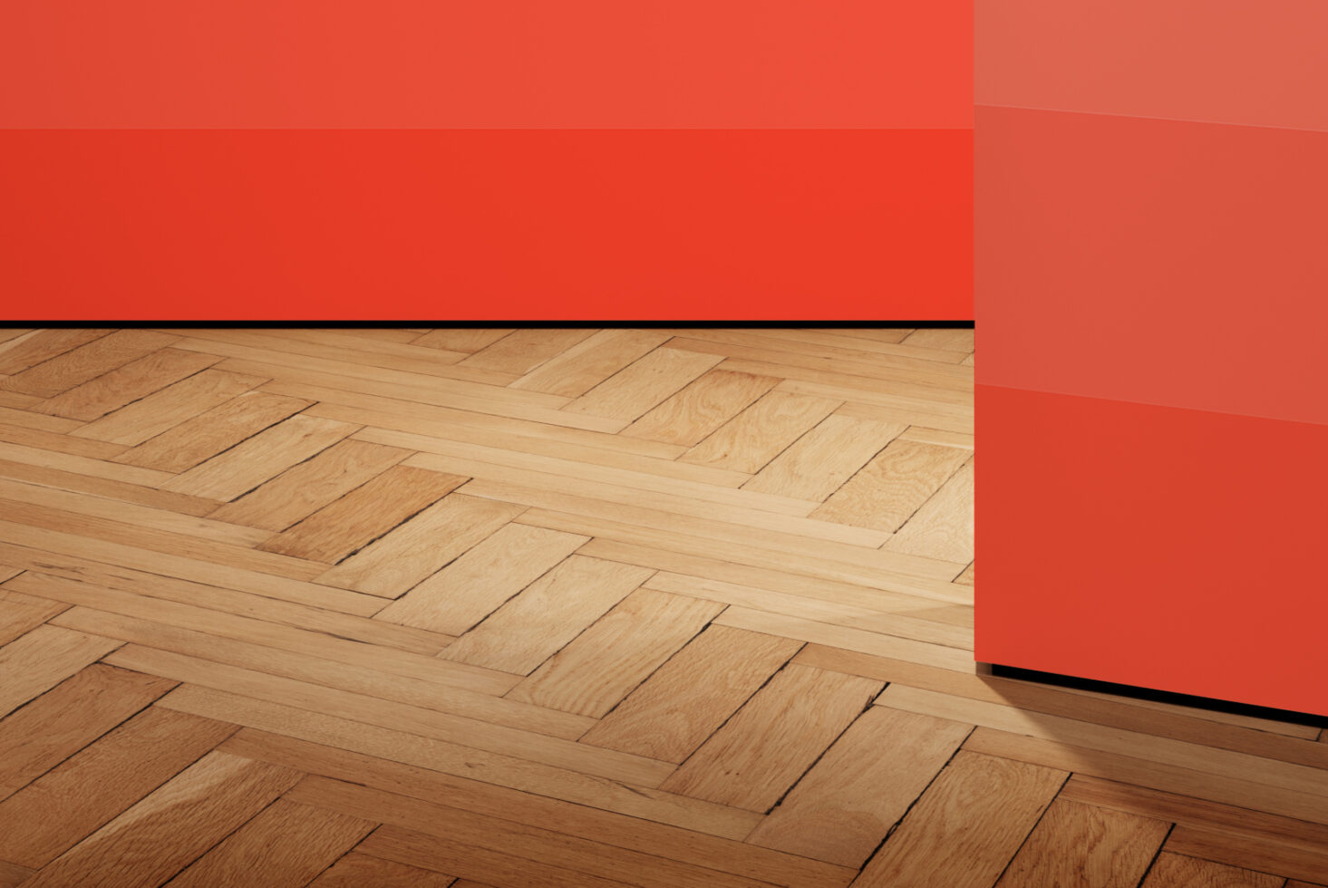 Wooden parquet floor meets bold red wall. Ideal for interior design mockups and digital asset templates. Perfect for showcasing modern aesthetics.