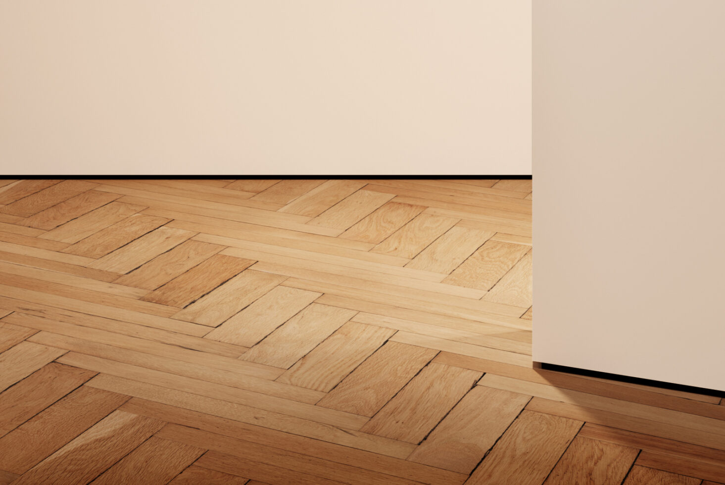 Minimalist interior mockup featuring wooden herringbone parquet floor and beige wall perfect for design projects templates or architectural presentations.