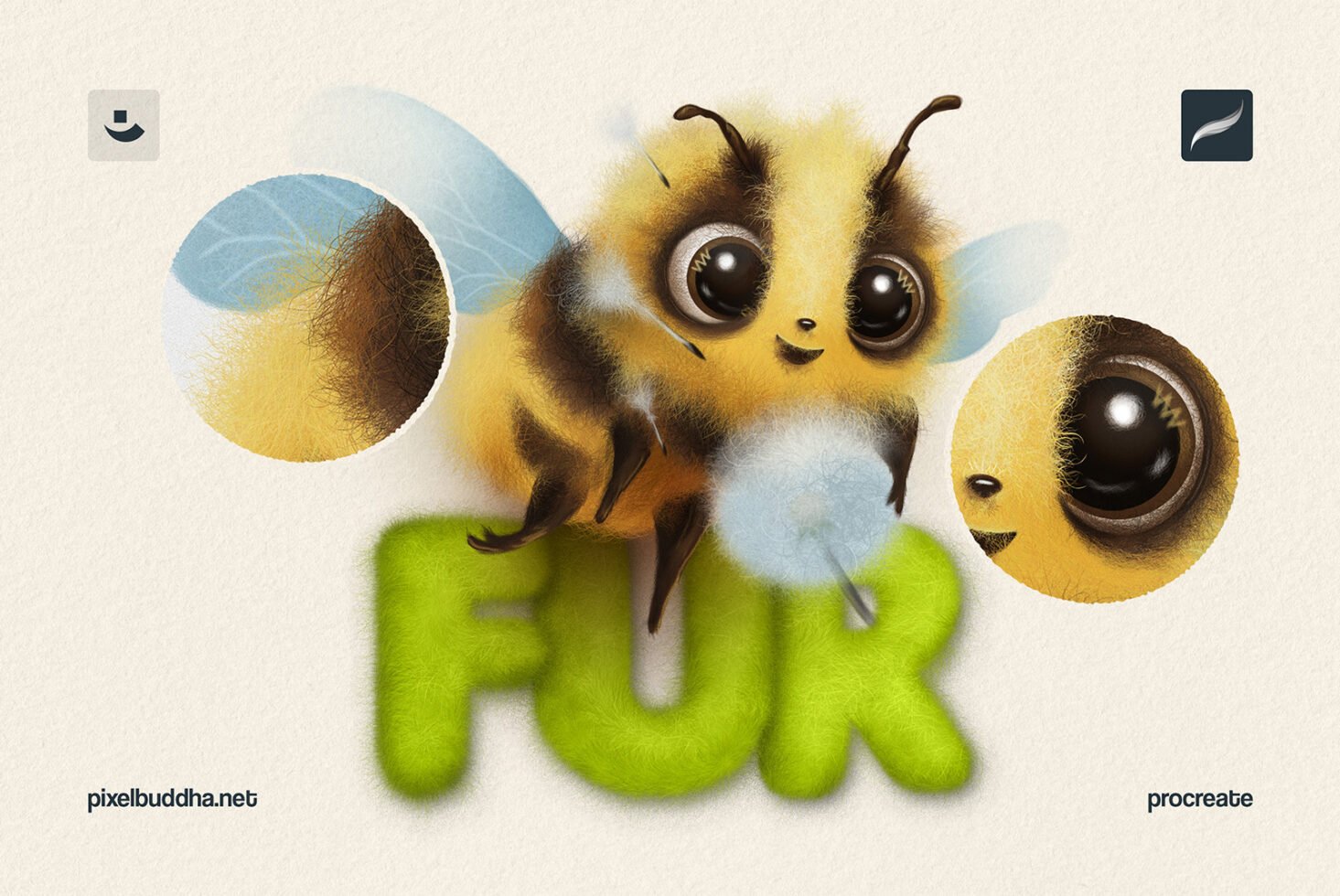 Cute cartoon bee graphic hovering over furry green letters ideal for Procreate texture brush pack mockup digital asset designers SEO keywords crafts