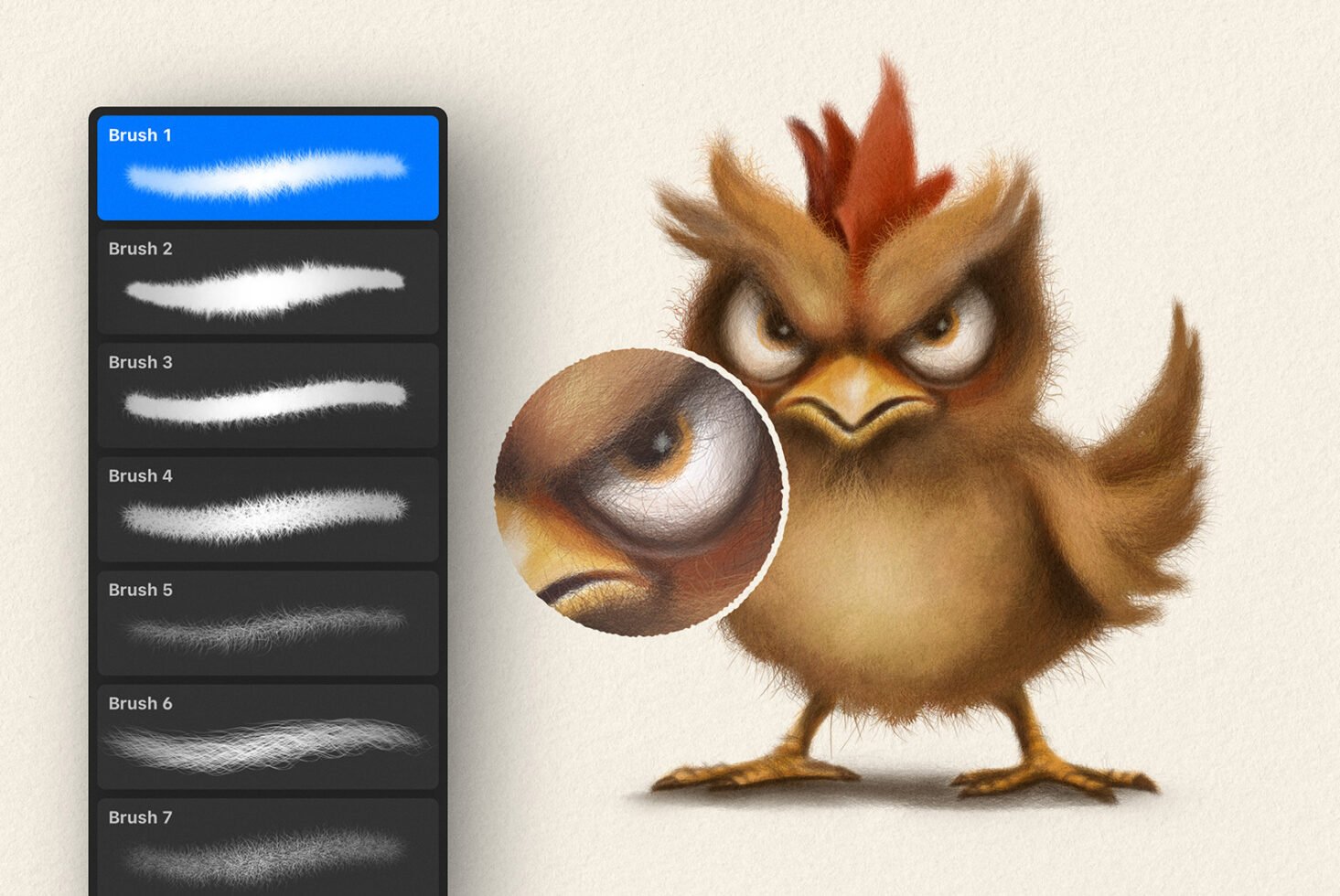 Cute cartoon chicken created with a digital brush pack suitable for graphic design, illustrating texture and detail. Perfect asset for designers.