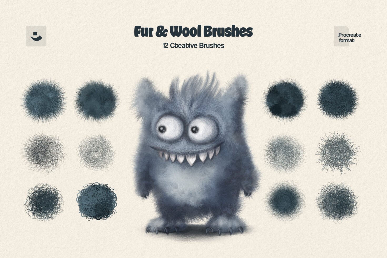 Fur and wool brush set for Procreate featuring a fluffy cartoon monster and texture samples. Ideal digital asset for graphic design and illustration.