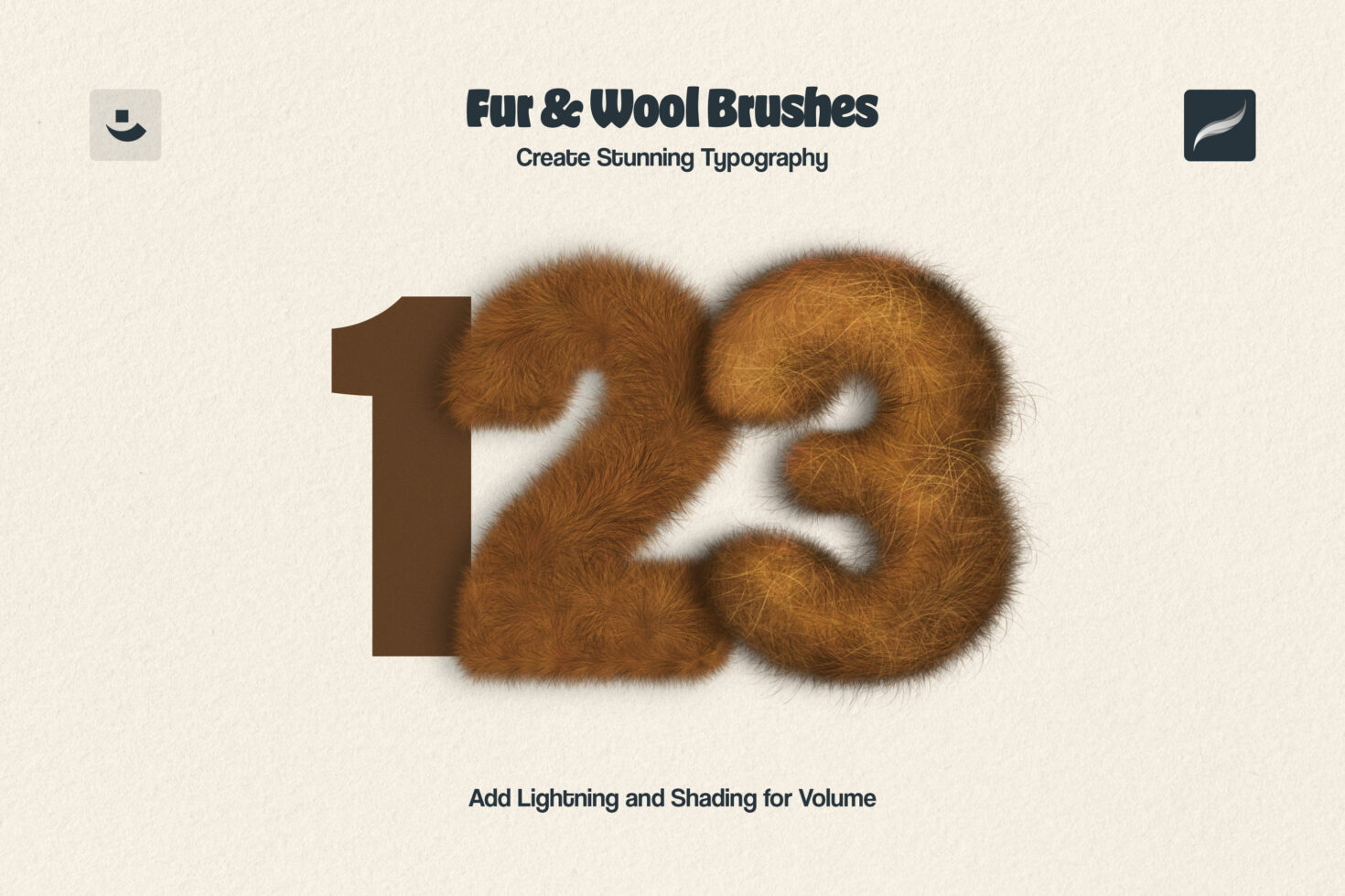 Fur and wool brushes for typography design displaying numbers 1 2 3. Ideal for creating unique textures. Perfect graphic asset for designers.