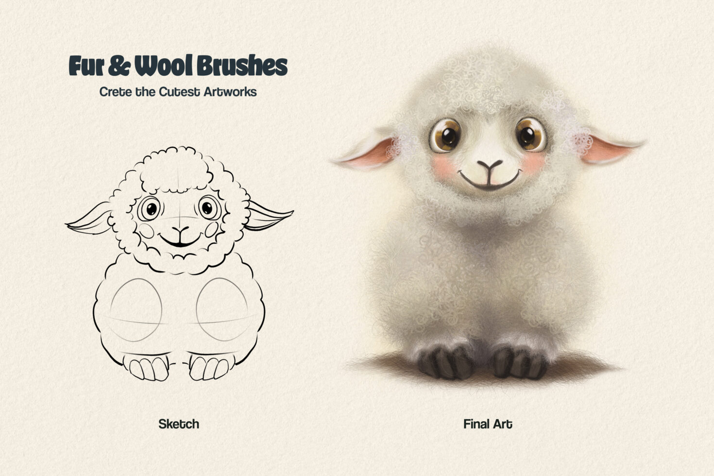 Cute lamb illustration showcasing sketch and final art using fur and wool brushes. Ideal for designers looking for digital art resources or graphic tools.