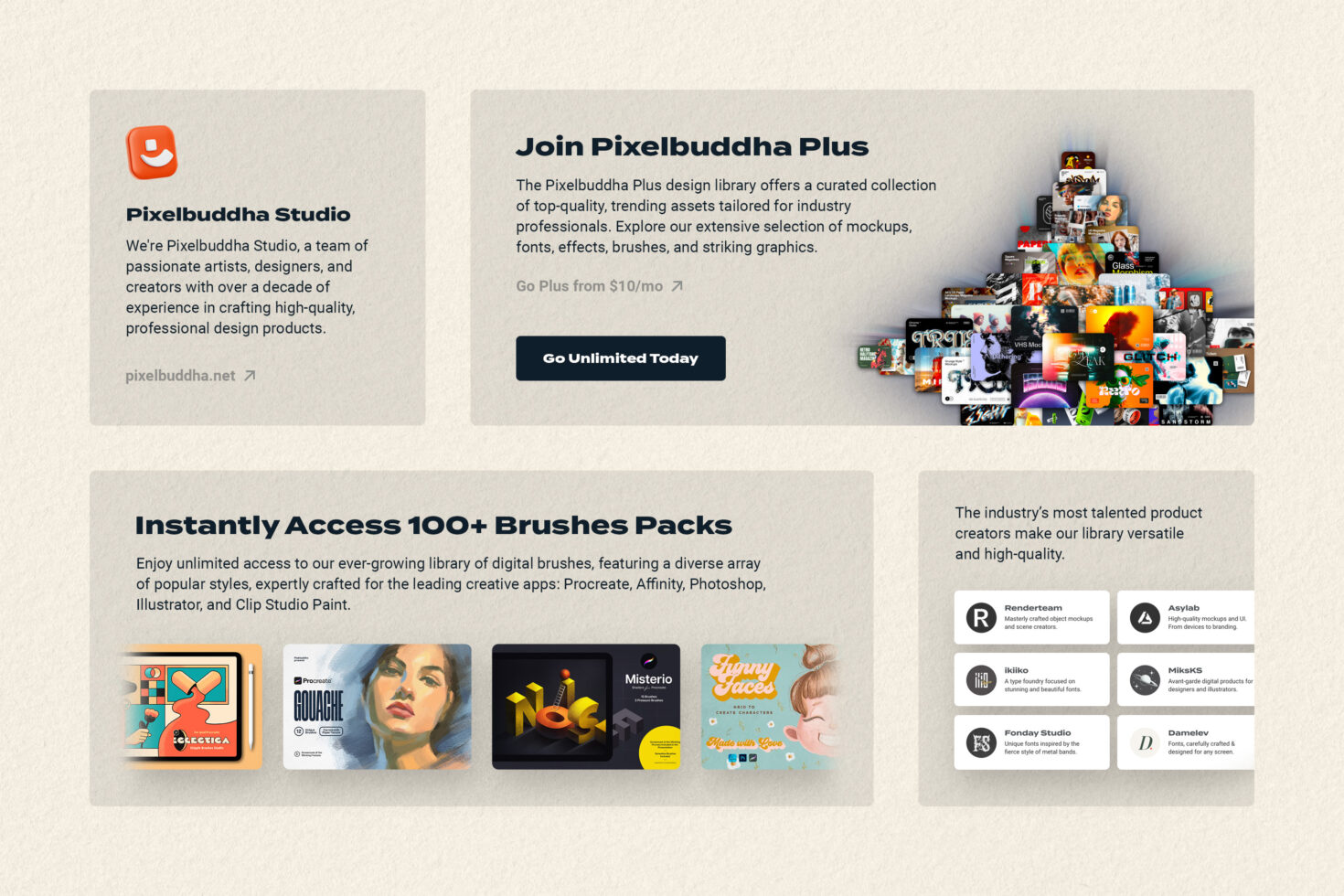 Promotional image showcasing Pixelbuddha Studio's design library featuring mockups, fonts, graphics, and brushes for designers and creative professionals.