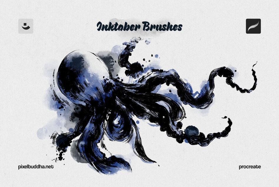 Abstract ink brush strokes in blue, black, creating dynamic flowing shapes on white